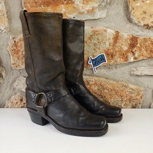 Frye Harness 12R Black Brown Distressed Leather Biker Heel Boots Women Sz 7.5 M